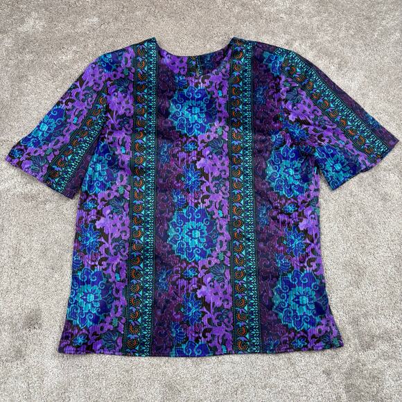 Abstract Short Sleeve Blouse Size XL Purple Green Slinky Floral Moody Office - Picture 1 of 4